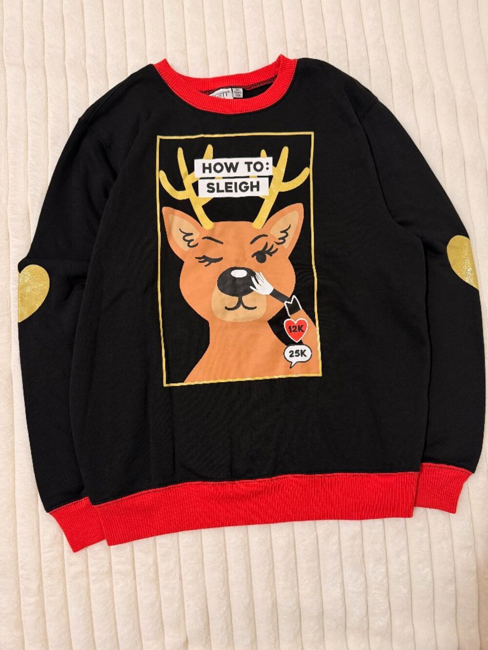 Mighty Fine Reindeer Christmas Sweatshirt Black Red Gold Size M